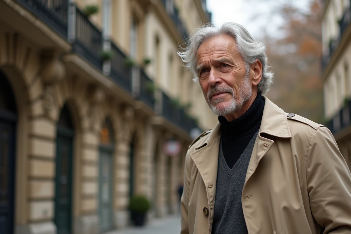 Homme aux cheveux argentés en imperméable beige devant une façade haussmannienne à Paris, portrait éditorial en extérieur