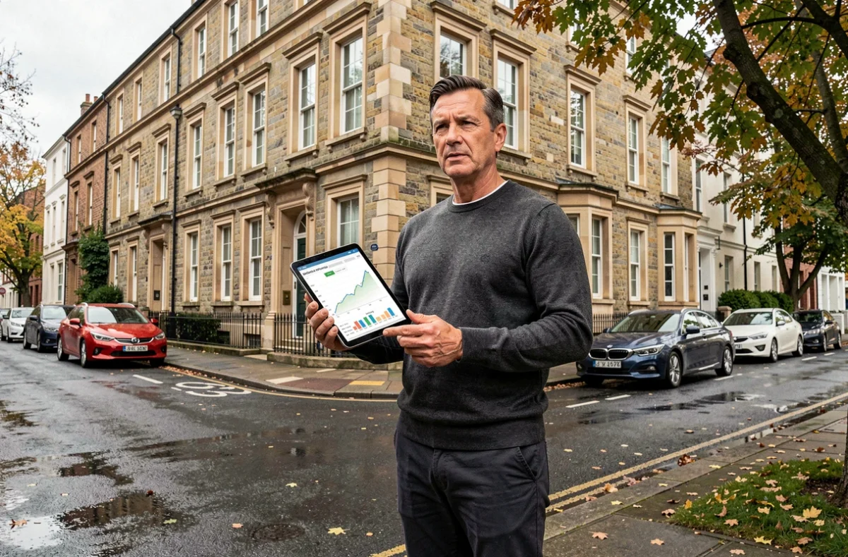 Un homme évalue un immeuble résidentiel rénové dans une rue urbaine, tenant une tablette avec des données du marché immobilier