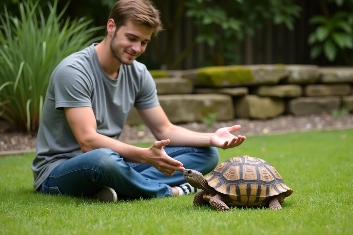 Jeune homme assis dans un jardin avec une tortue d'Hermann qui marche sur sa jambe, montrant un comportement d'attachement chez la tortue