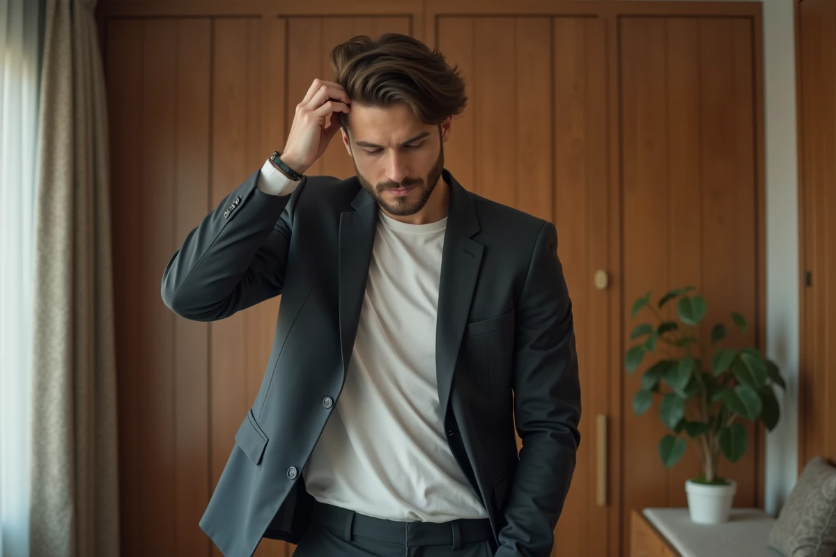 Jeune homme ajustant ses cheveux dans un miroir moderne