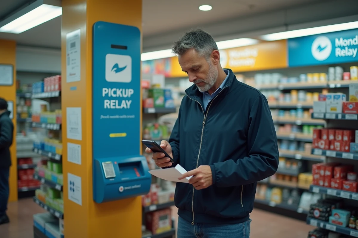 Man checking the status of his Mondial Relay package on a smartphone at a pickup point