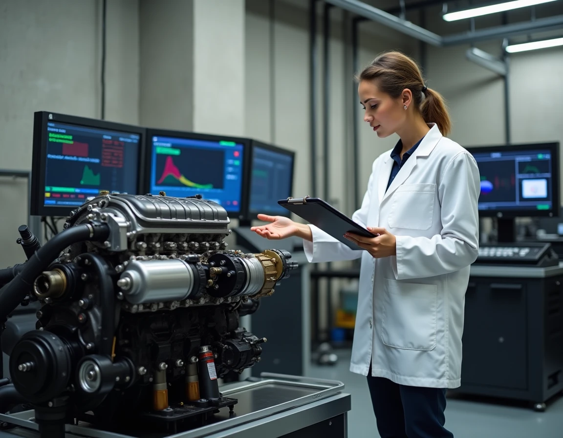 Ingénieure automobile analysant les performances d'un moteur forgé sur banc de puissance dynamométrique