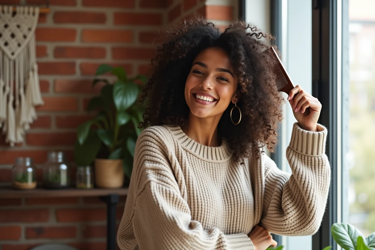 Jeune femme aux cheveux bouclés naturels se coiffant près d'une fenêtre dans un appartement cosy, illustrant les soins capillaires naturels
