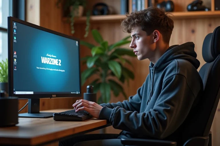 Jeune homme concentré devant son PC avec erreur Warzone 2