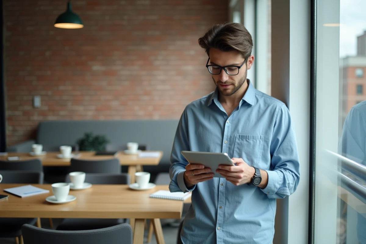 Jeune homme consulte ses emails sur une tablette dans un espace coworking