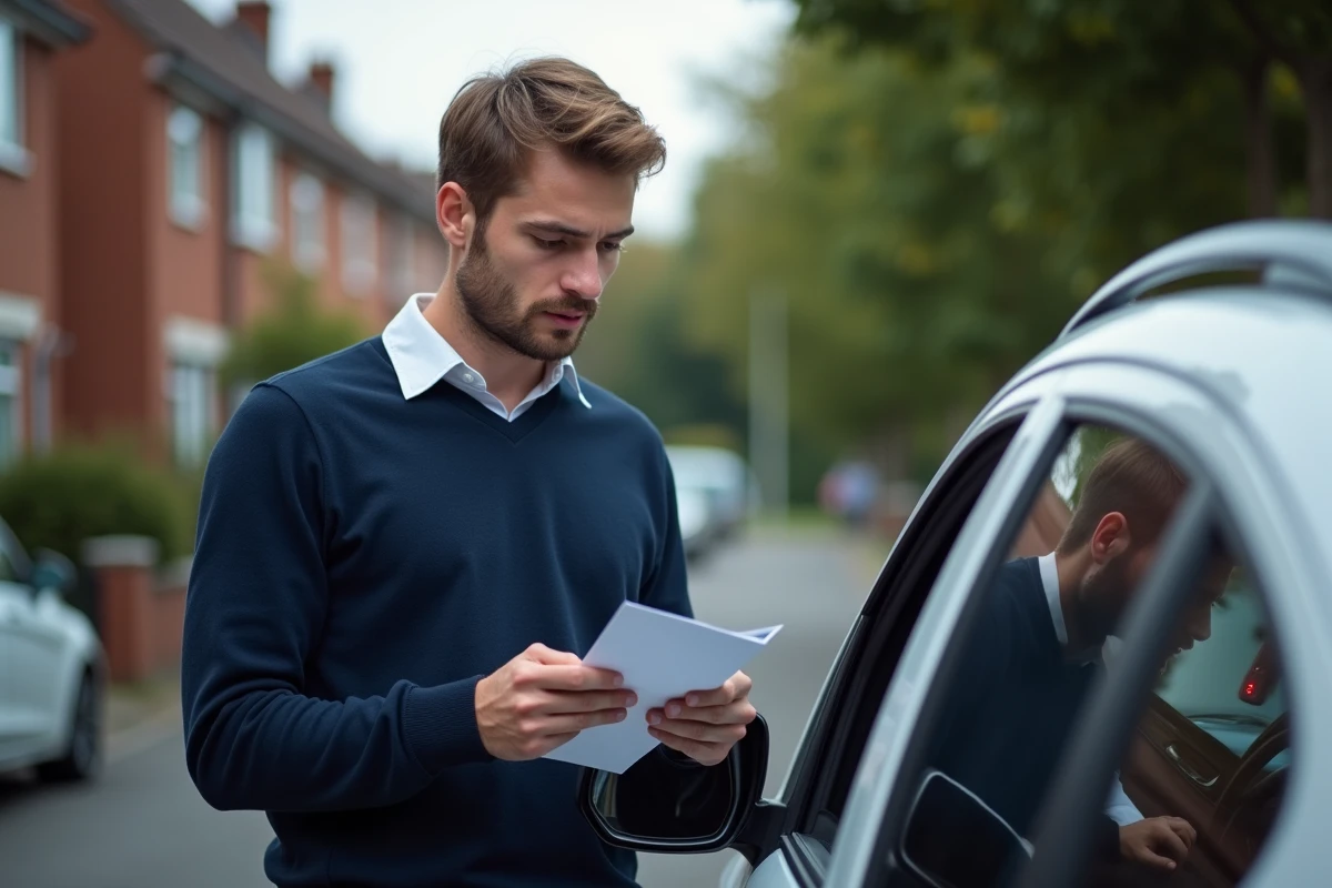 Jeune homme lisant manuel près de la voiture stationnée