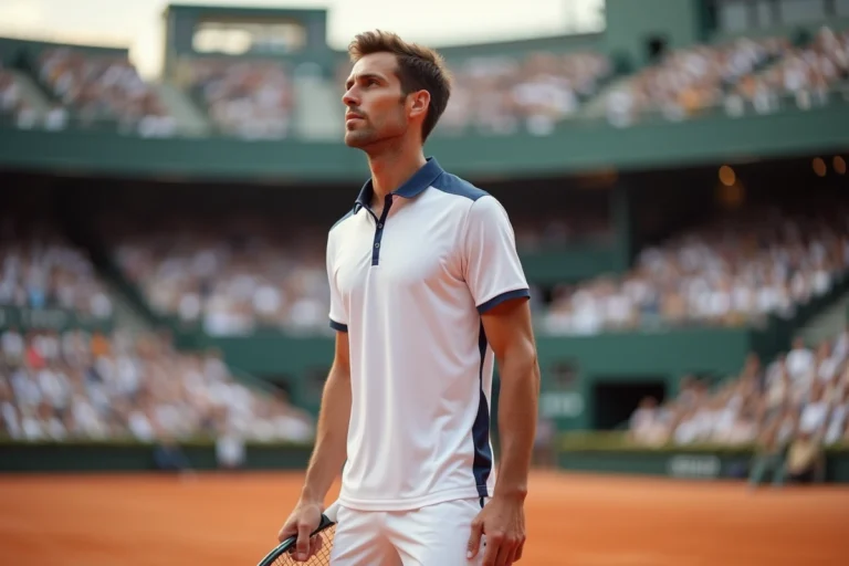 Joueur de tennis professionnel masculin sur un court en terre battue tenant une raquette, illustrant la carrière et les revenus records de Novak Djokovic en 2025