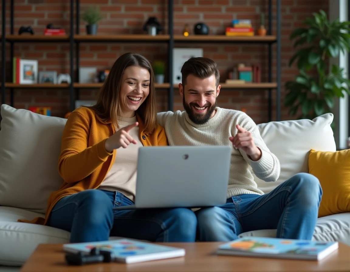 Deux joueurs adultes analysant ensemble les fonctionnalités avancées de Les Sims 4 sur un ordinateur portable dans un salon