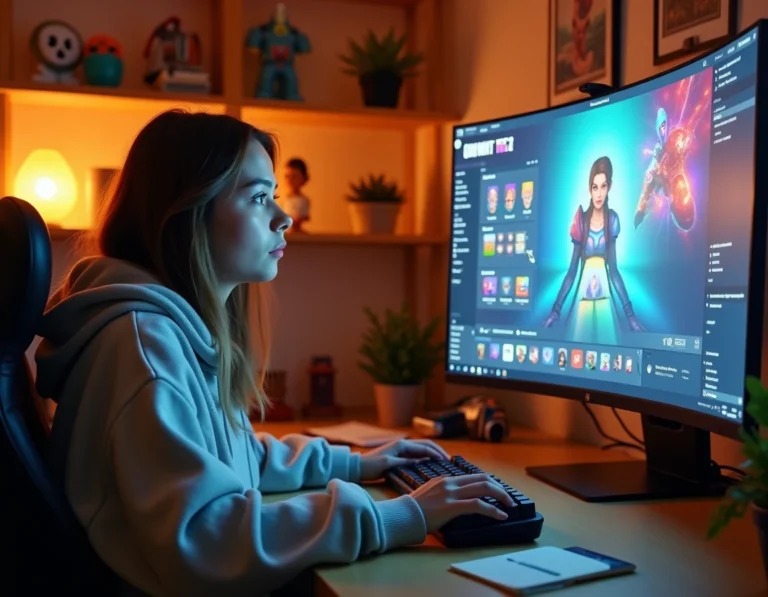 Jeune femme concentrée jouant aux Sims 4 avec des menus de personnalisation avancée visibles sur son écran de jeu