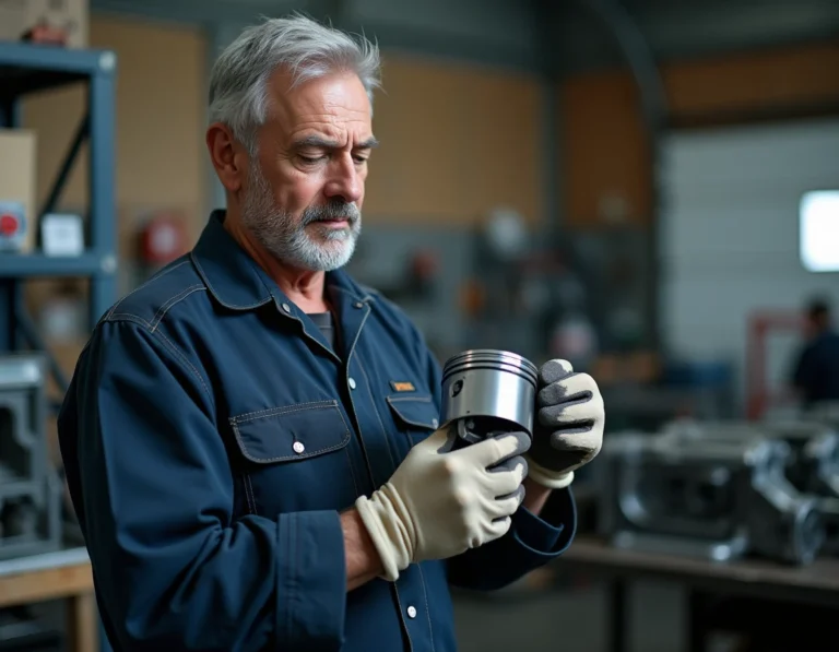 Mécanicien tenant un piston forgé de haute performance dans un atelier moteur professionnel