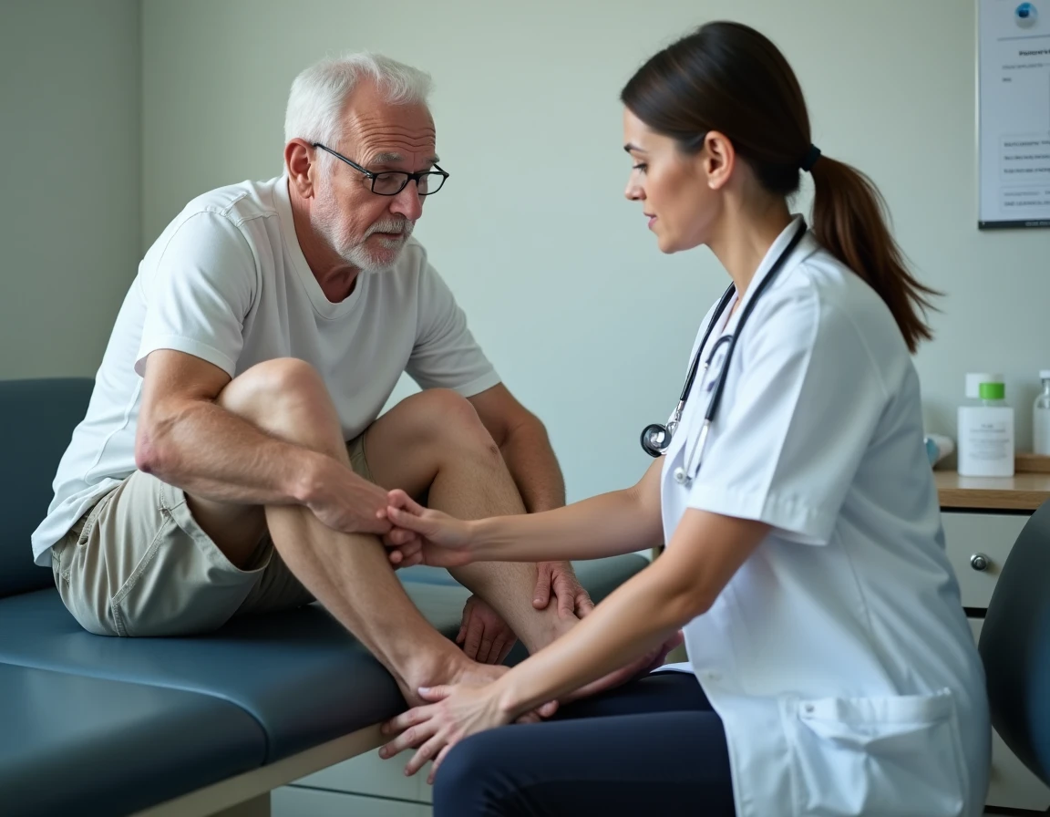 Médecin examinant les jambes marbrées d'un patient senior en cabinet médical