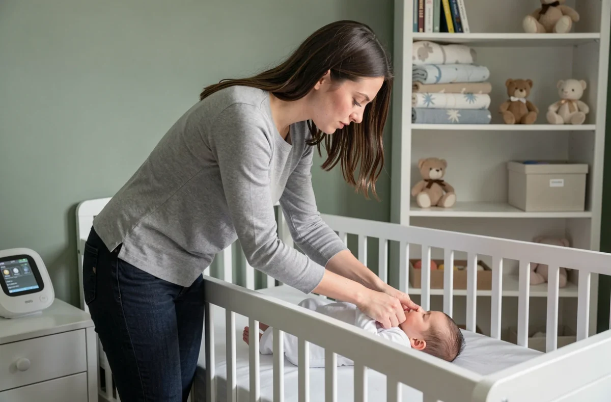 Mère déposant délicatement son bébé endormi dans son lit à barreaux dans une chambre apaisante verte