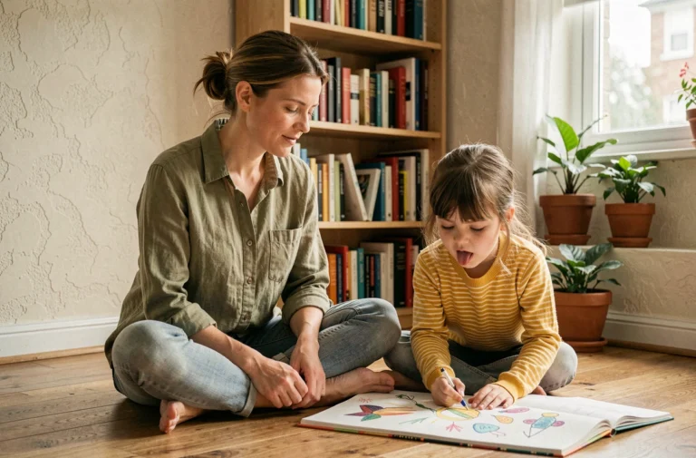 Une mère et sa fille partagent un moment complice en dessinant ensemble des projets d'avenir sur le sol d'un salon chaleureux