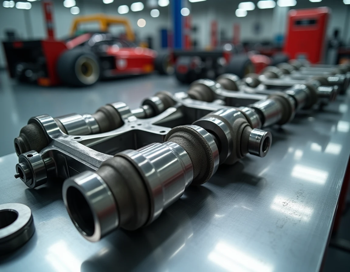 Vue détaillée d'un moteur forgé démonté avec pistons et vilebrequin sur établi de garage motorsport