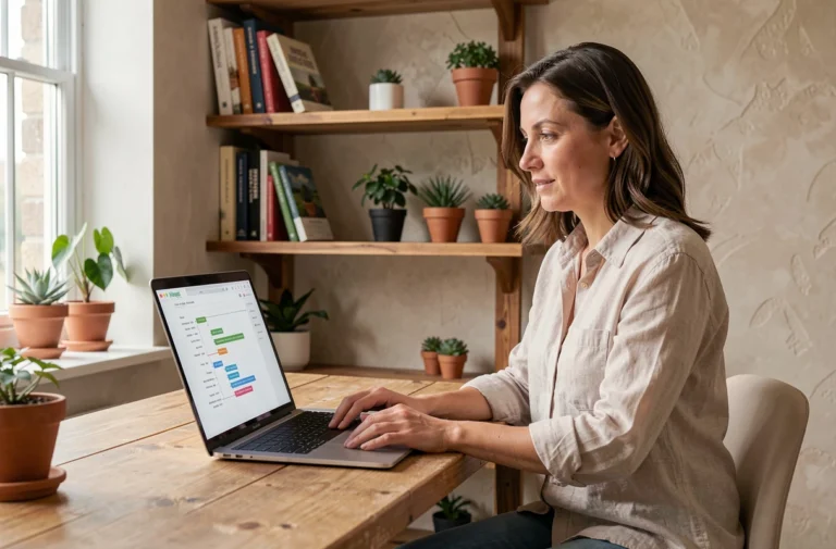 Femme consultant le plan du site Bois et Jardin 42 sur un ordinateur portable dans un bureau en bois chaleureux