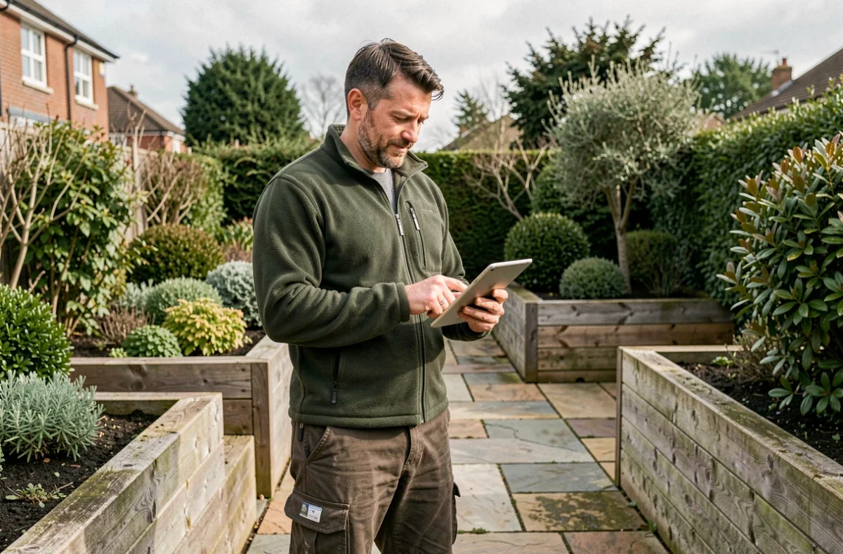 Homme utilisant une tablette pour naviguer sur le site Bois et Jardin 42 dans un jardin aménagé avec des bacs en bois