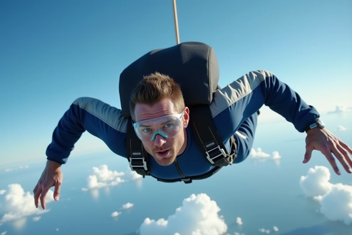 Parachutiste homme en chute libre dans le ciel bleu adoptant la position arquée stabilisée