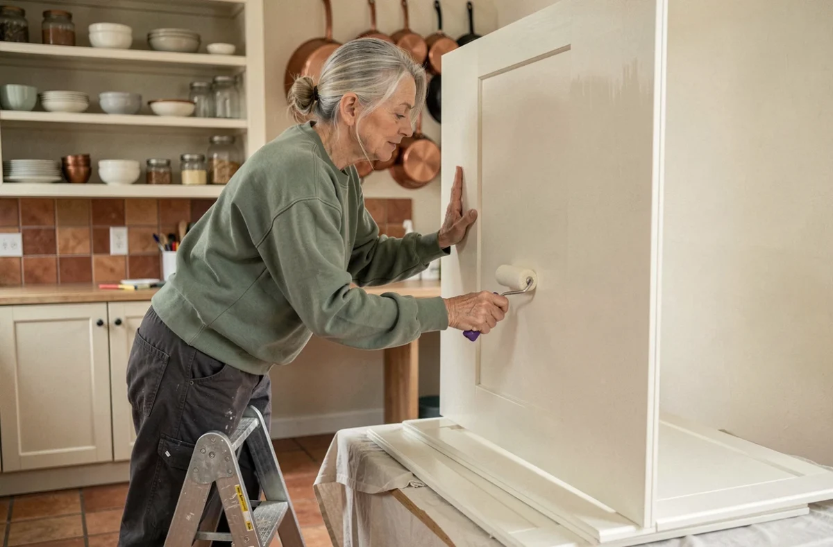 Femme repeignant des portes d'armoires de cuisine lors d'une rénovation intérieure