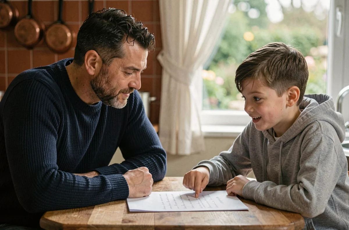Un père encourage son fils à exprimer ses ambitions et rêves autour d'une table de cuisine conviviale