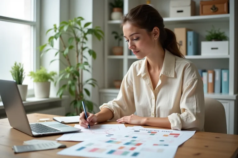 Femme planifiant son mariage avec un sitemap structuré sur ordinateur portable et documents imprimés sur un bureau en bois