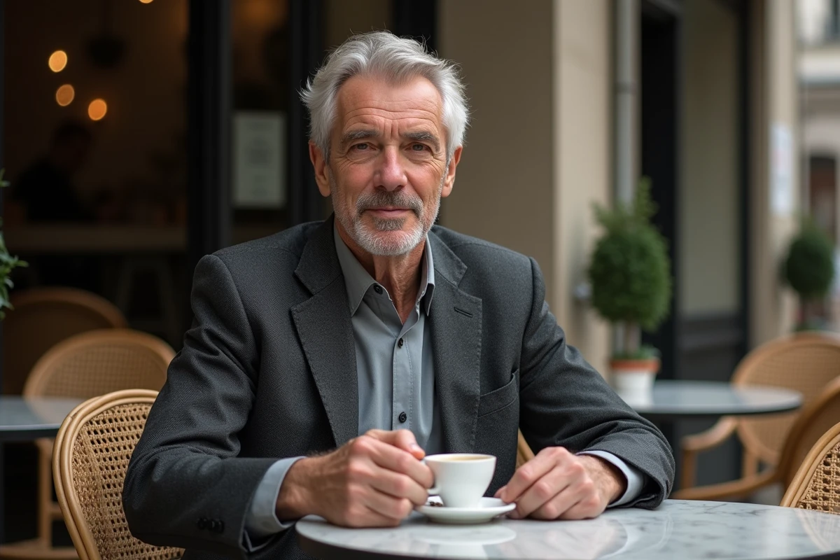 Portrait d'un homme senior élégant attablé à la terrasse d'un café parisien, tenant une tasse d'espresso avec une expression réfléchie