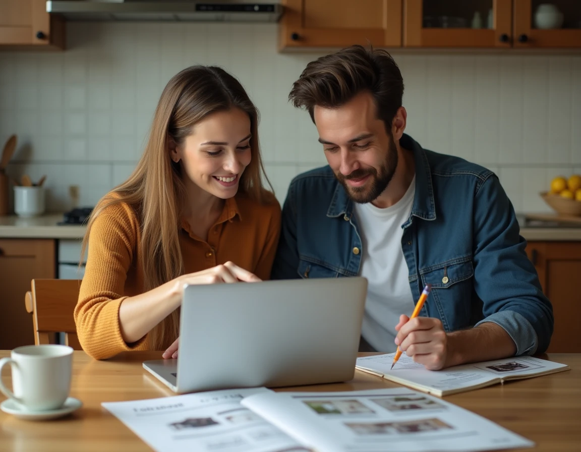 Couple recherchant des meubles gratuits en ligne depuis leur cuisine pour une récupération locale