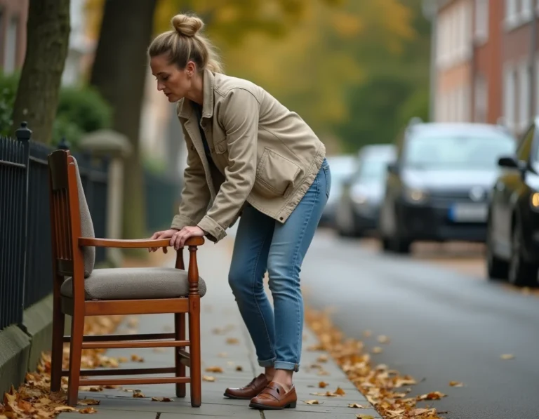 Femme inspectant un fauteuil en bois abandonné sur un trottoir pour le récupérer gratuitement