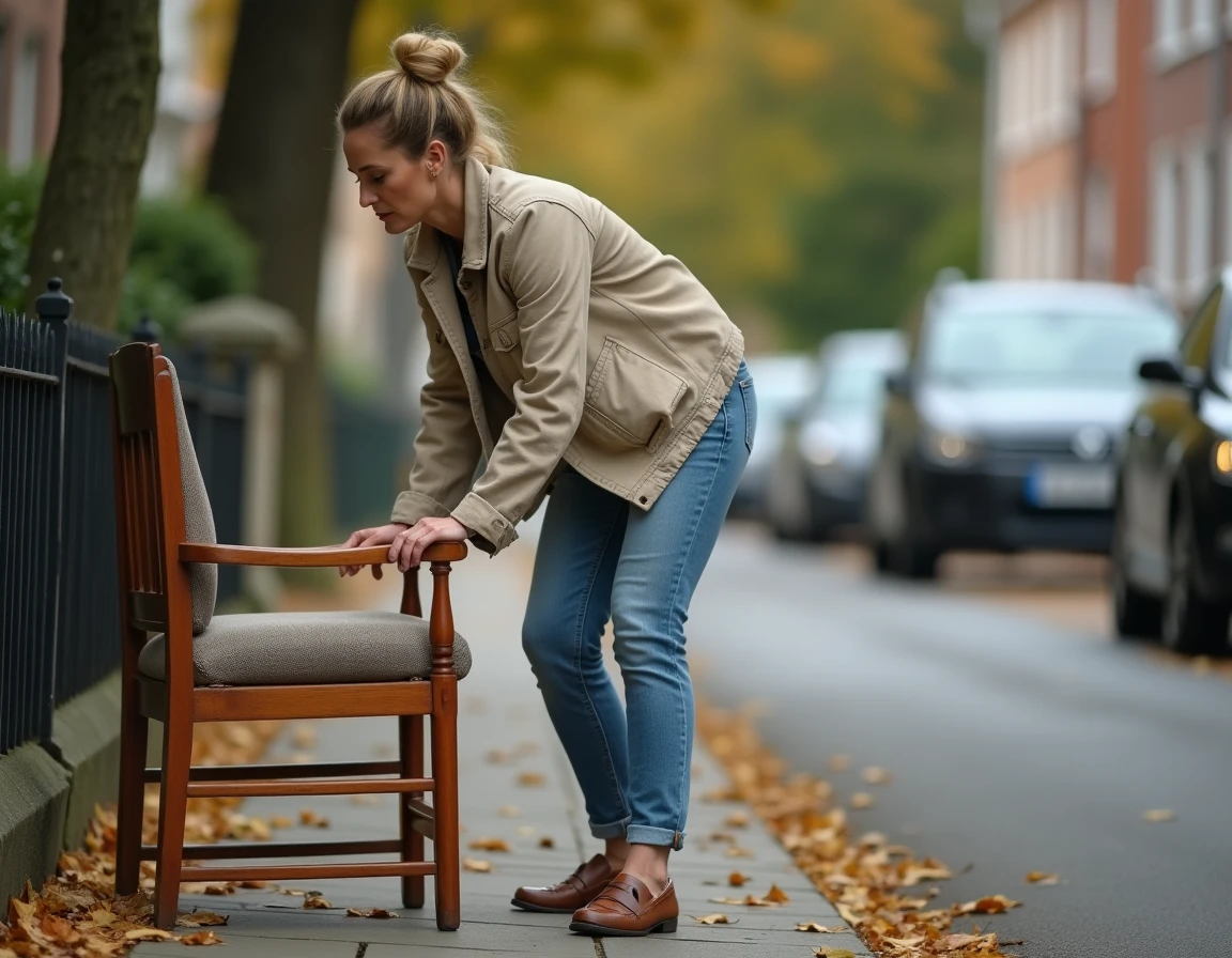 Femme inspectant un fauteuil en bois abandonné sur un trottoir pour le récupérer gratuitement