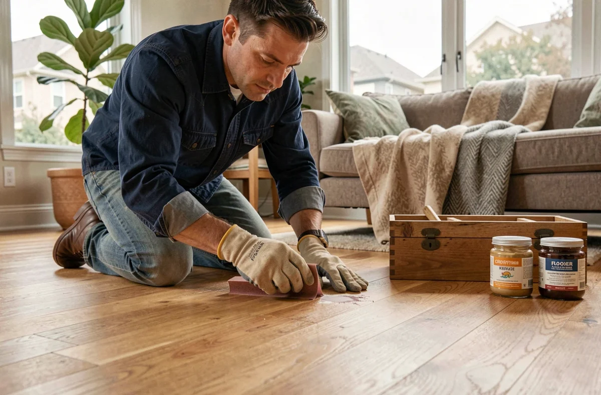 Homme ponçant et rénovant un parquet en bois dans un salon moderne
