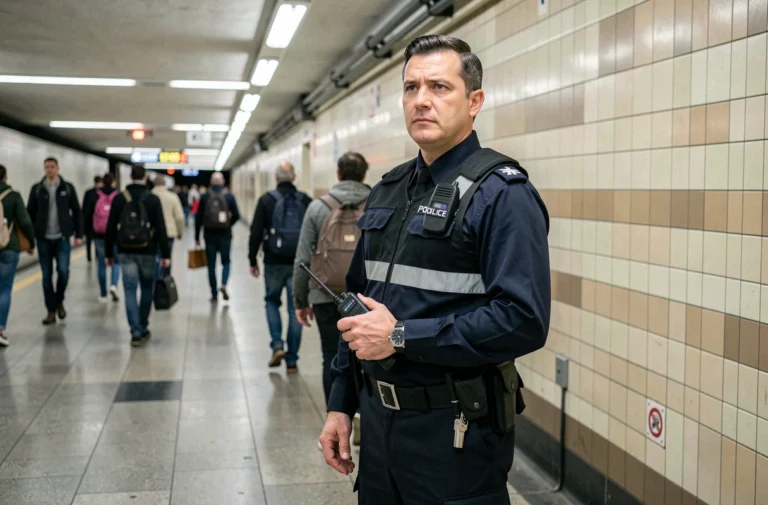 Agent de police en uniforme surveillant l'entrée du métro Châtelet Les Halles à Paris