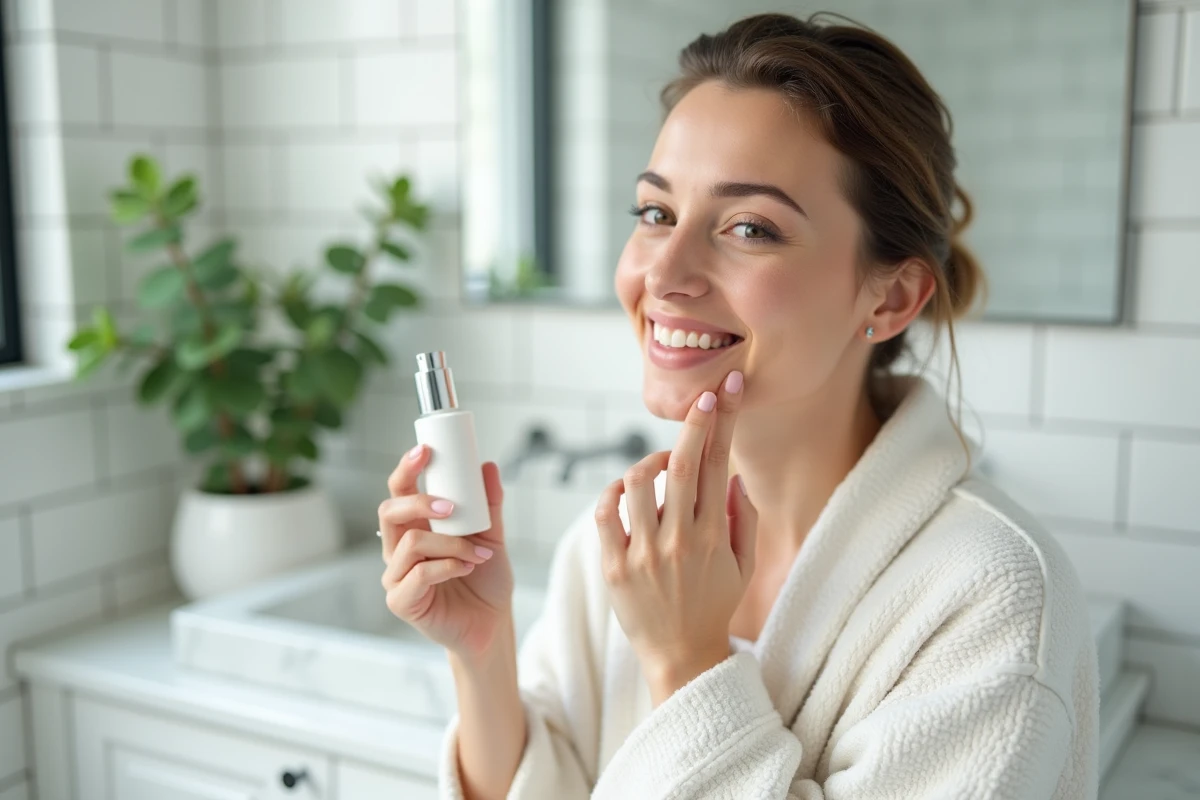 Femme au naturel appliquant un sérum visage dans une salle de bain moderne et lumineuse pour sa routine de beauté quotidienne