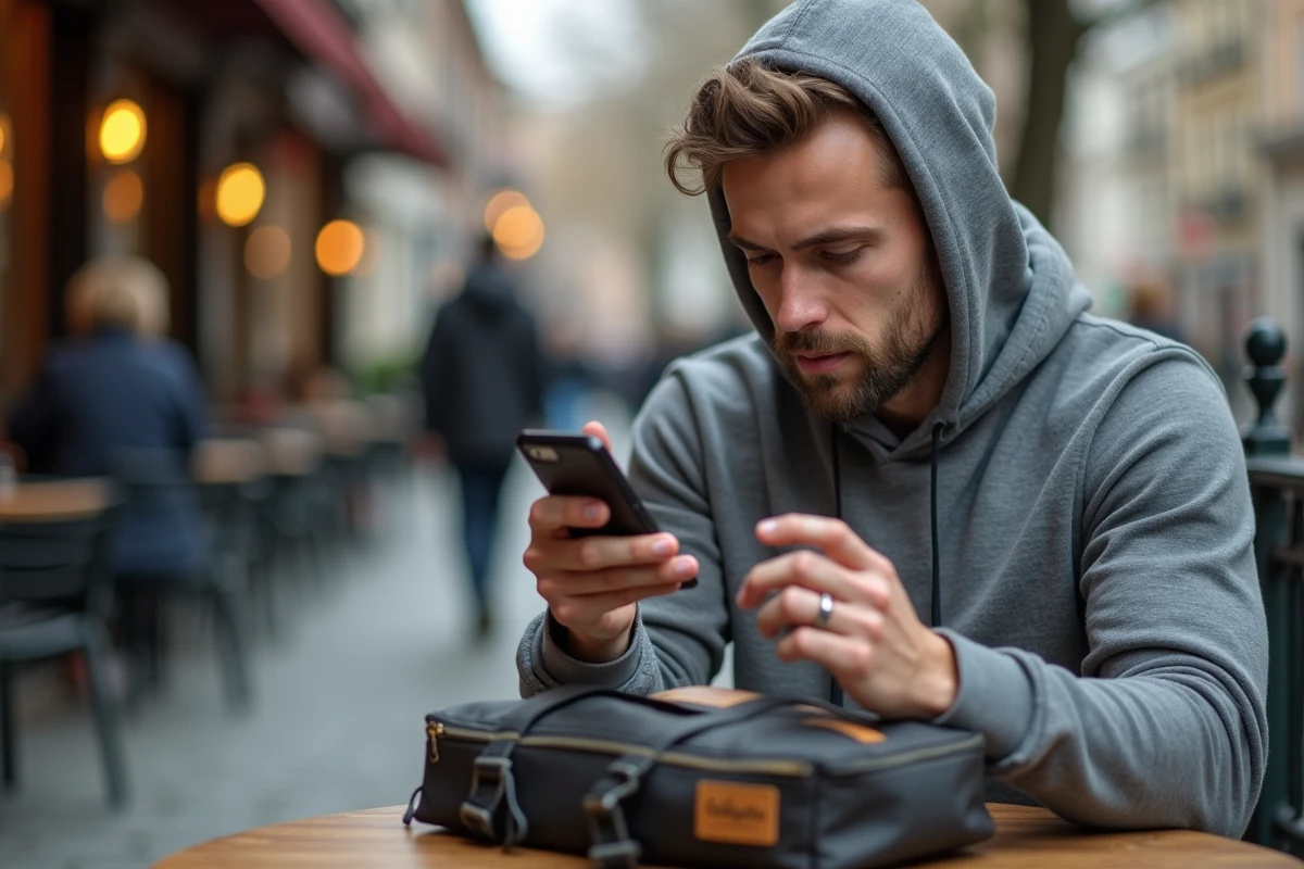 Homme vérifiant l'étiquette intérieure d'un sac Cabaia avec son smartphone pour authentifier le produit