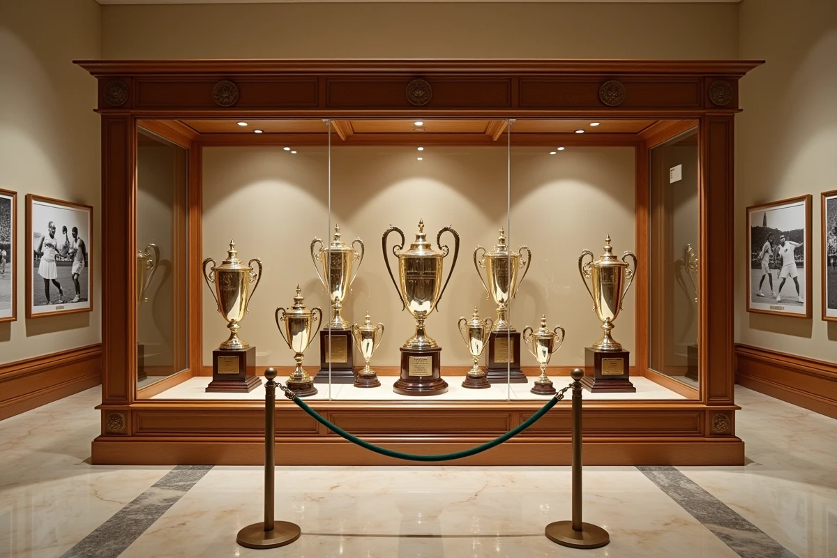 Vitrine de trophées de tennis grand chelem dans une salle muséale prestigieuse, représentant le palmarès exceptionnel et la valeur patrimoniale d'un champion mondial de tennis