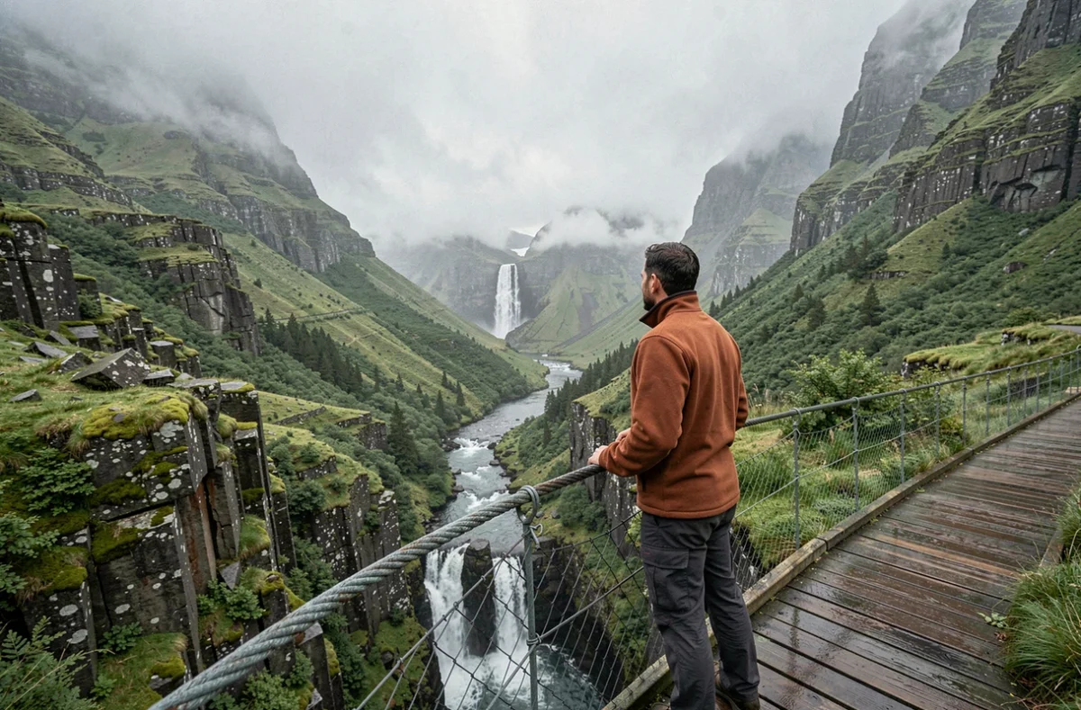 Voyageur sur un pont suspendu face aux cascades et falaises brumeuses des îles Féroé, paysage sauvage et féerique