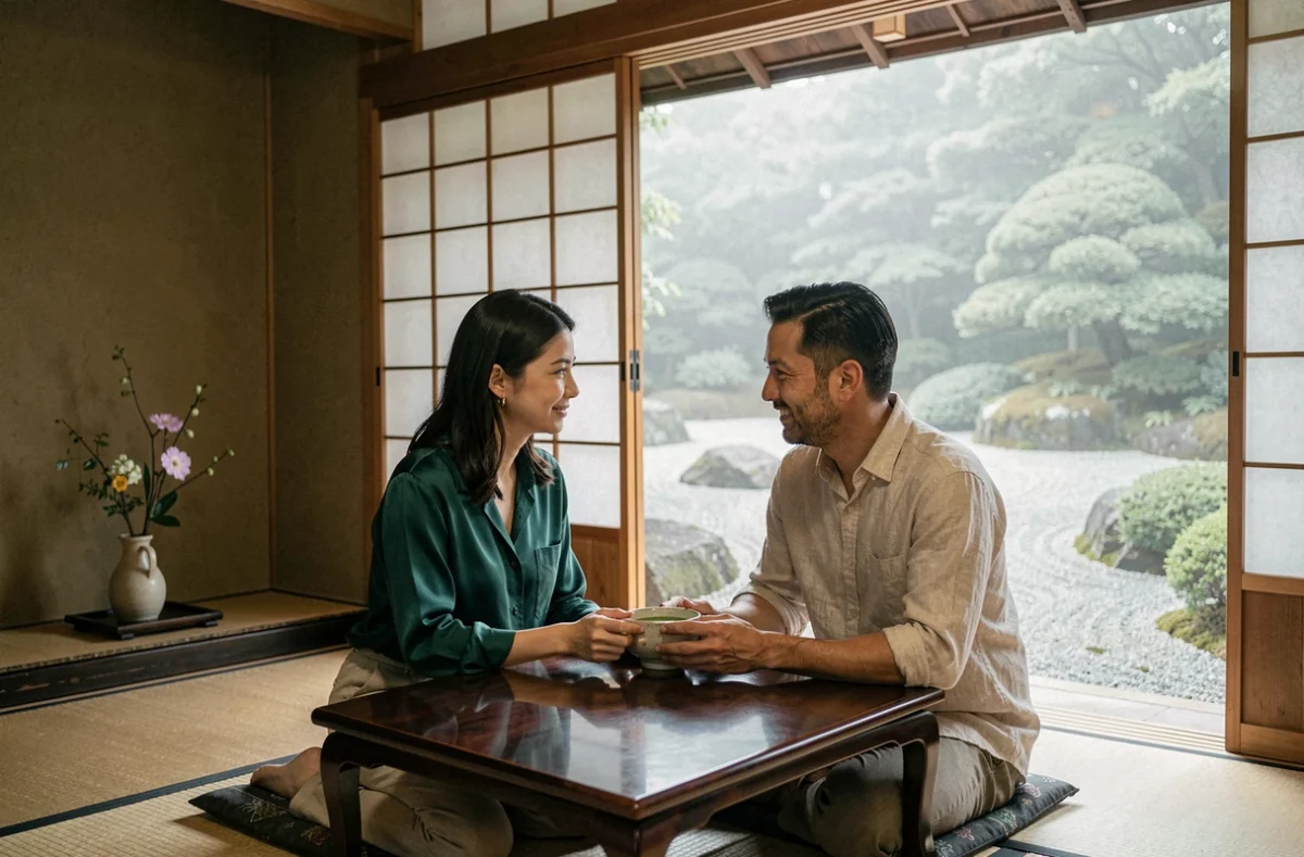Couple dégustant du matcha dans un ryokan traditionnel de Kyoto face à un jardin zen, voyage inoubliable au Japon