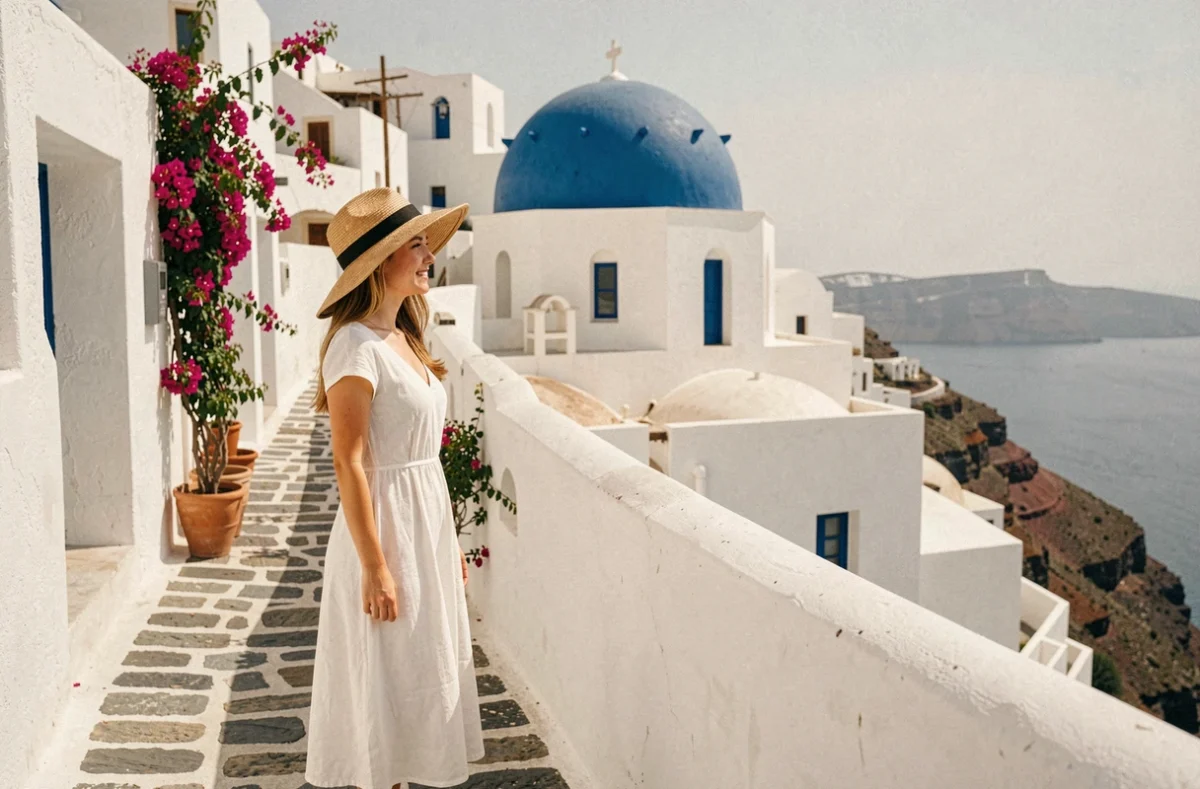 Femme en robe blanche devant les dômes bleus emblématiques de Santorin, Grèce, destination de voyage féerique