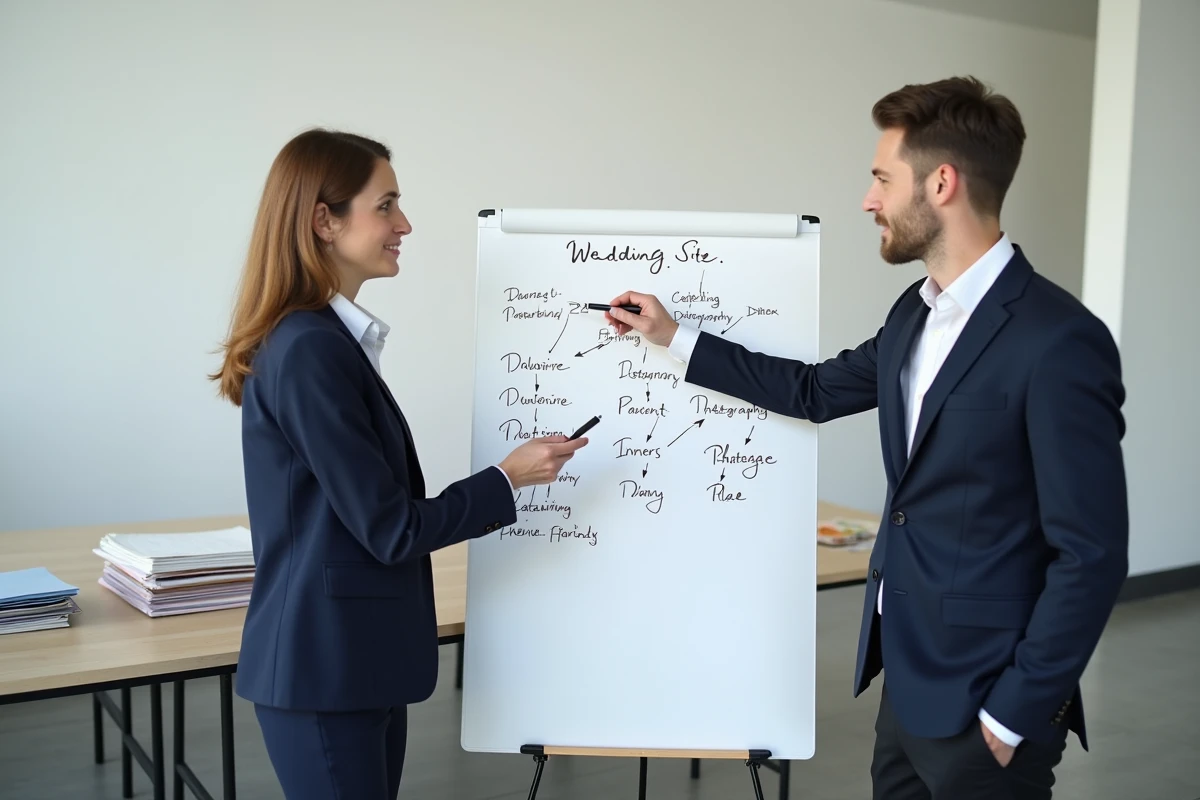 Wedding planner présentant un sitemap de mariage dessiné sur tableau blanc dans un studio d'organisation événementielle