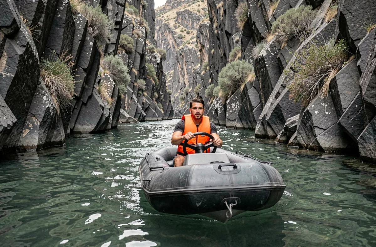 Homme en gilet de sauvetage orange pilotant un zodiac dans les gorges d'une rivière aux parois rocheuses escarpées